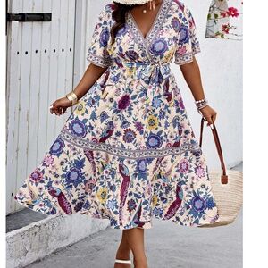 Plus Geo Print Butterfly Sleeve Multi-color Dress